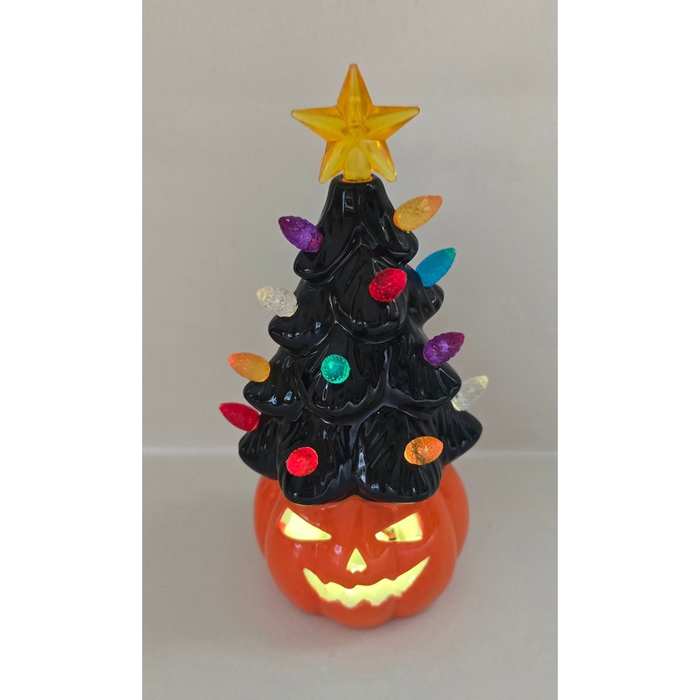 New Ganz Black Ceramic Halloween Tree with Lighted Pumpkin Jack-O-Lantern